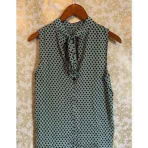 H&M- Patterned Green & White Blouse with Tie Front